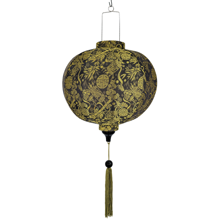Round shaped gold and grey jacquard silk lantern with matching tassel.