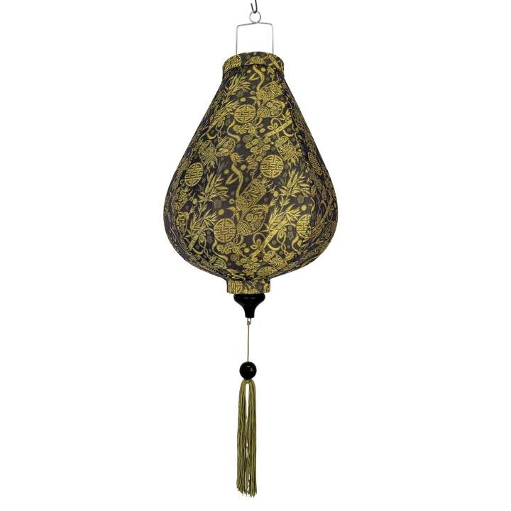 Garlic shaped gold and grey jacquard silk lantern with matching tassel.