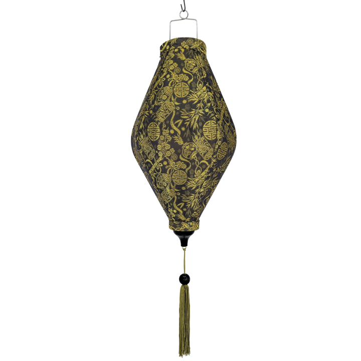 Tube shaped gold and grey jacquard silk lantern with matching tassel.