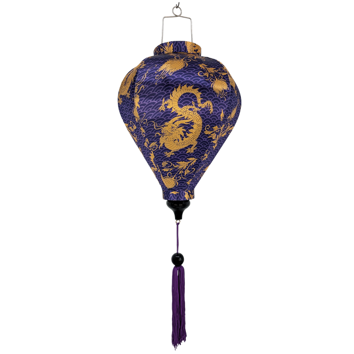 Balloon shaped purple lantern with gold dragon design with matching purple tassel