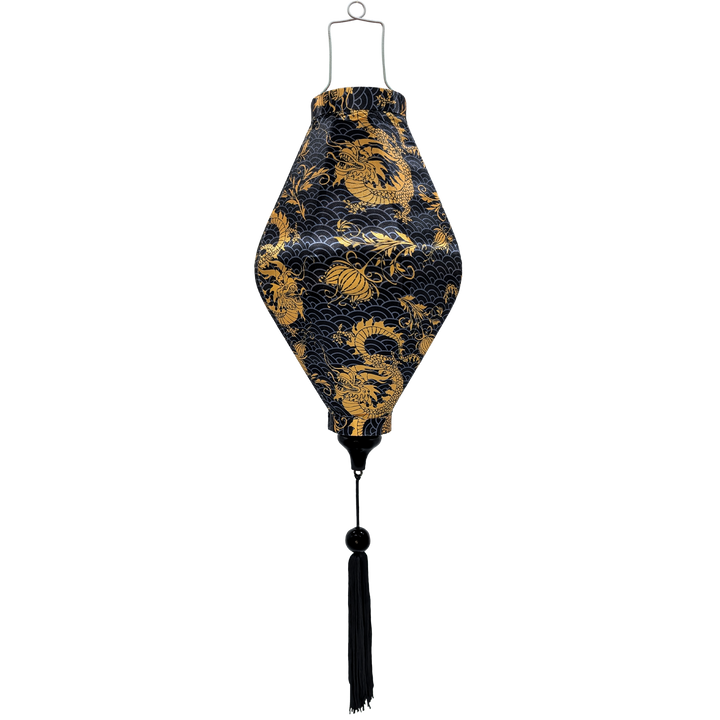 Tube shape Vietnamese silk lantern with black tassel featuring golden dragons and grey swirls on black background.