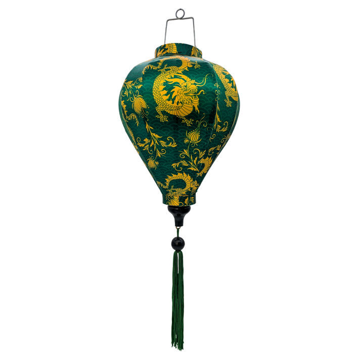Balloon shape Vietnamese silk lantern featuring yellow golden dragons on green background handmade in Hoi An created using polyester silk fabric, steel and bamboo.