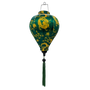 Balloon shape Vietnamese silk lantern featuring yellow golden dragons on green background handmade in Hoi An created using polyester silk fabric, steel and bamboo.