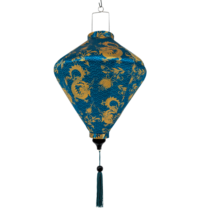 Diamond shaped lantern with gold dragon design on a dark teal background