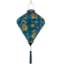 Diamond shaped lantern with gold dragon design on a dark teal background