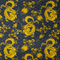Close up of polyester silk fabric with a print of golden yellow dragons and flowers set against a grey sea pattern of swirls on a rich black background.