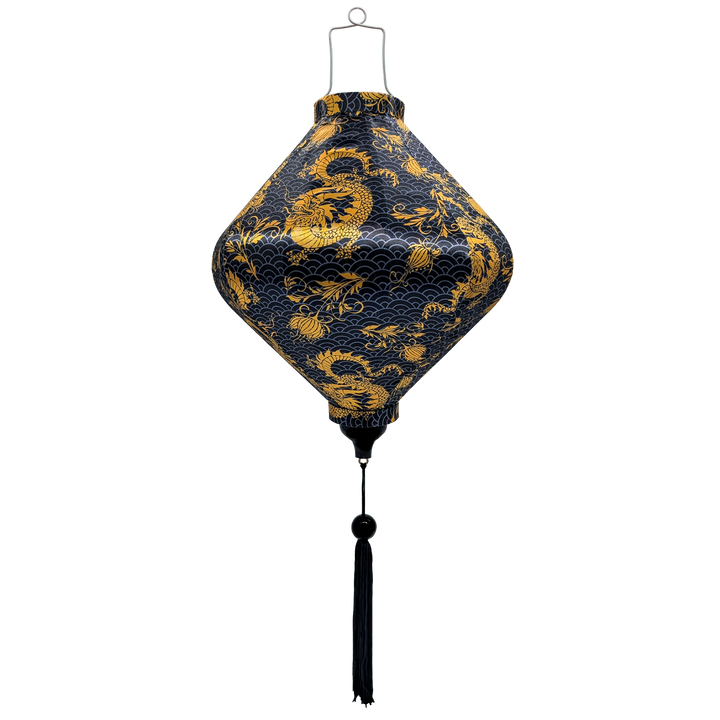 Lozenge shape Vietnamese silk lantern with yellow dragons, grey patterns on black.
