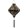 Lozenge shape Vietnamese silk lantern with yellow dragons, grey patterns on black.
