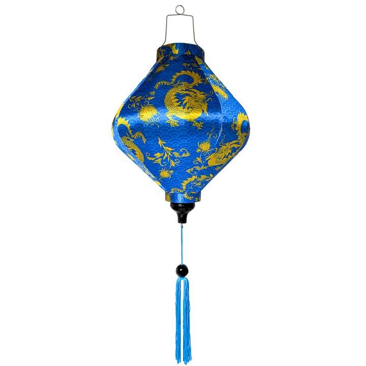 Decorative Vietnamese silk lantern with golden yellow dragon design on a blue background