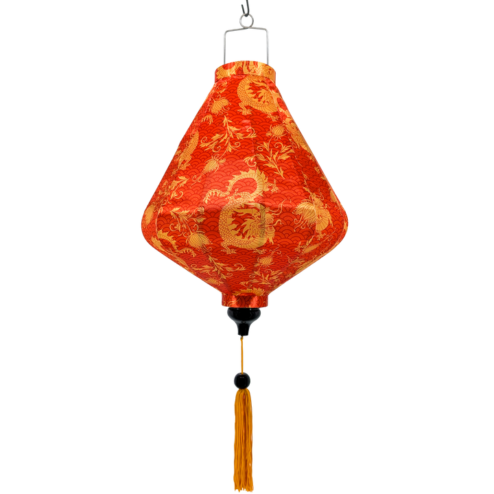 Teardrop shaped orange lantern with gold dragon patterns and an orange tassel.