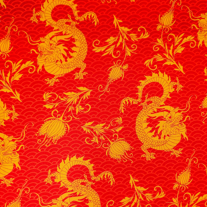 Red background with gold dragons and floral patterns