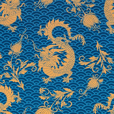 Gold dragons and floral patterns on a dark teal blue wave background