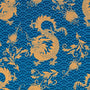 Gold dragons and floral patterns on a dark teal blue wave background