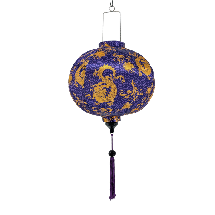 Handmade round Vietnamese silk lantern with purple tassel, golden dragons design on a purple background