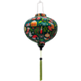 Round shape Vietnamese silk lantern with rich emerald green background is adorned with charming holiday motifs such as gingerbread cookies, snowflakes, ornaments, reindeer, and presents, making it a perfect decoration for the holiday season.