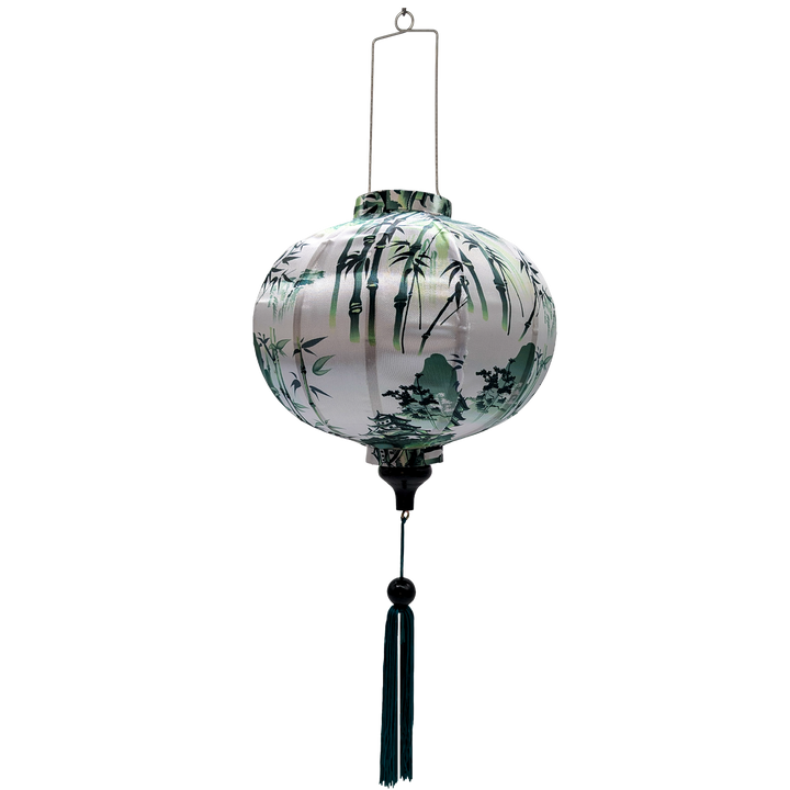 Round Vietnamese Hoi An Lantern featuring a green print of pagodas and temples above misty hilltops with large bamboo trees.