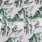 Polyester silk fabric features a green print of pagodas and temples above misty hilltops with large bamboo trees. 