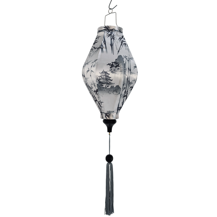 Tube shape lantern with grey print of temples and bamboo trees on white silk with grey tassel.