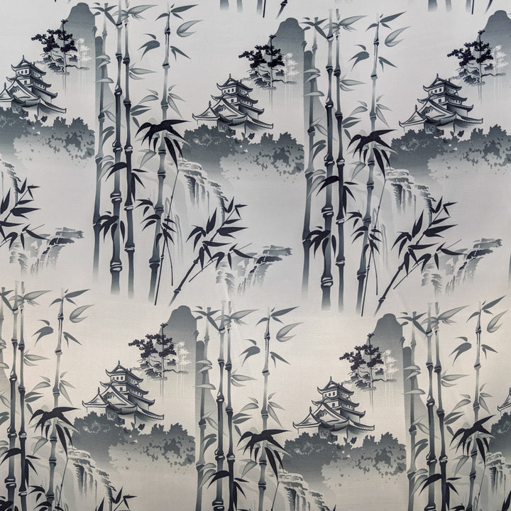 Grey pattern of bamboo and pagoda temples on a white background