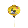 Round Vietnamese Hoi An lantern with yellow tassel a print of herons and pink roses on a bright yellow background.