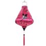 Teardrop shaped lantern with polyester silk fabric featuring large heron birds flying amongst pink flowers on a bright pink background and pink tassel.