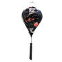 Balloon shaped Vietnamese lantern with a black tassel featuring a print of heron birds in flight surrounded by pink flowers on striking black background.
