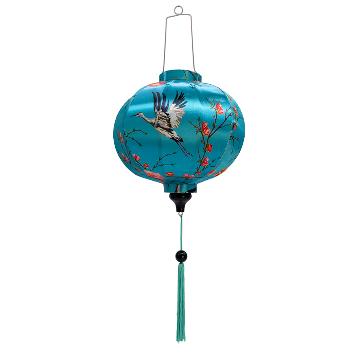 Round shape Vietnamese silk lantern handmade in Hoi An featuring peacocks, dragons and butterflies on blue.