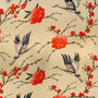 Polyester silk fabric with a pattern of herons in flight and red flowers on a beige background