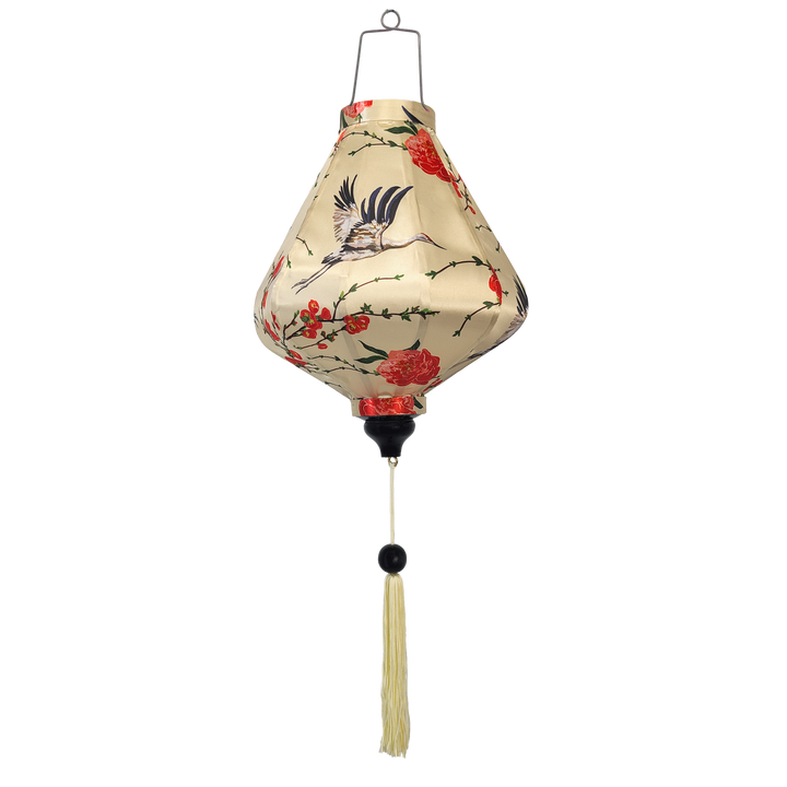 Teardrop shaped silk lantern handmade in Hoi An with Herons and roses on a beige background