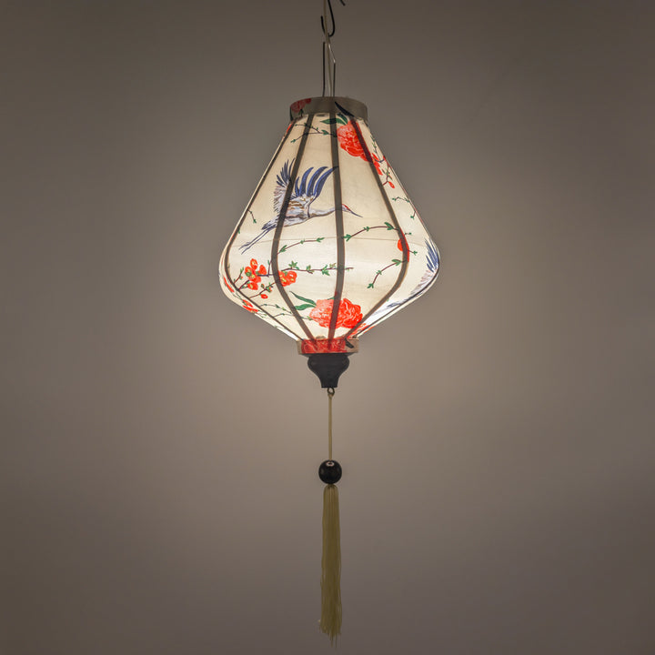 Teardrop shaped cream silk lantern with herons and roses with cream colour tassel