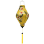 Tube shaped lantern with yellow tassel, handmade with steel, bamboo and yellow polyester silk fabric with Hibiscus flower print.