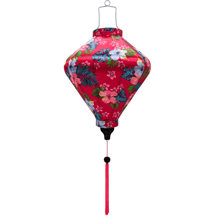 Diamond shaped lantern with  hibiscus flowers in shades of blue and pink set against a bright hot pink, with green and teal leaves.