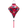 Diamond shaped lantern with  hibiscus flowers in shades of blue and pink set against a bright hot pink, with green and teal leaves.