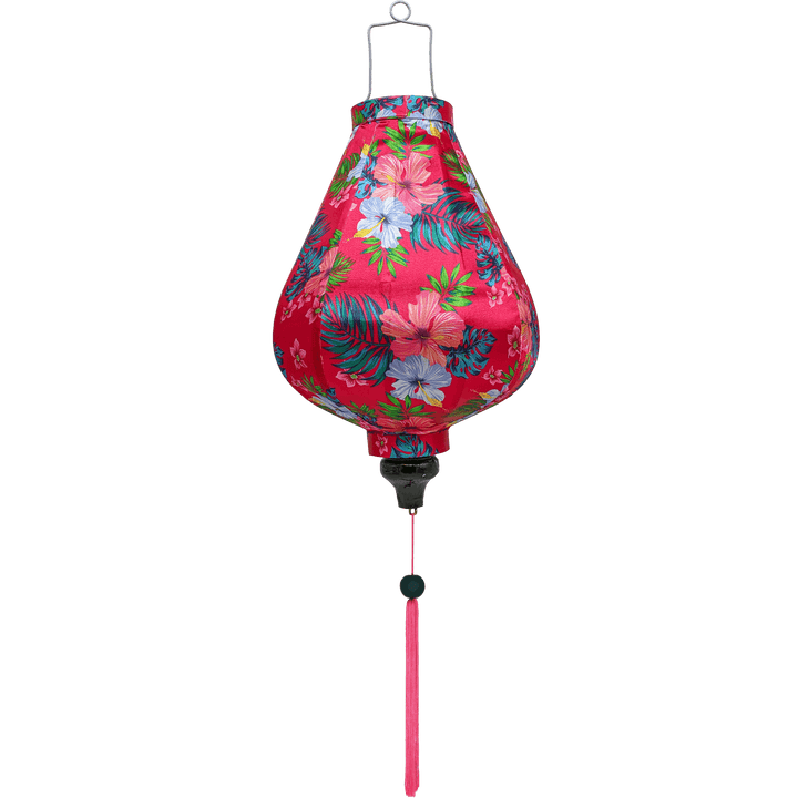 Garlic shape Vietnamese silk lanterns with Hibiscus flowers for sale.