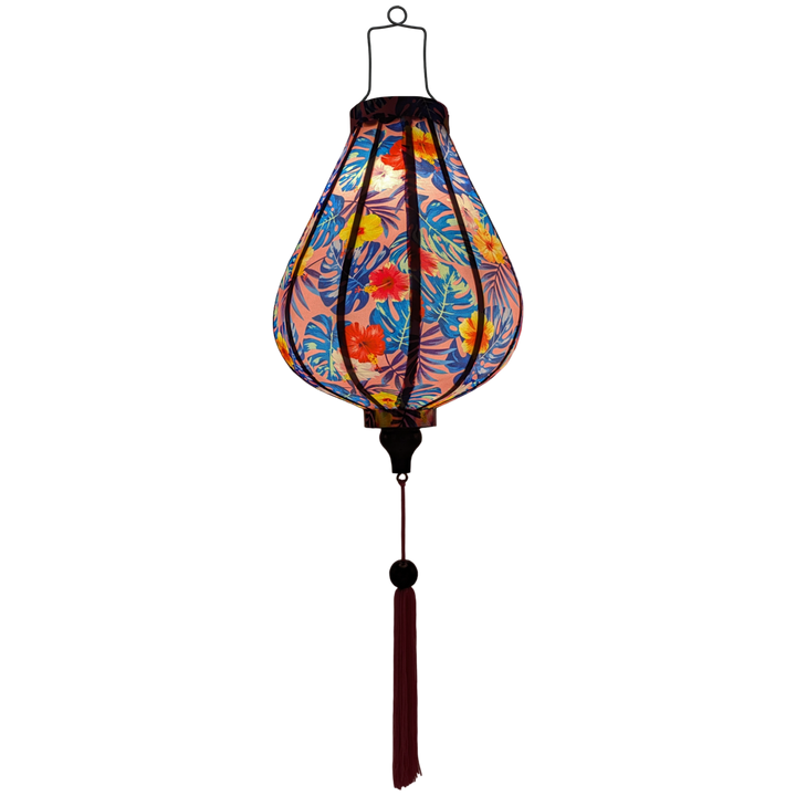 Glowing Garlic shaped Vietnamese lantern with pink tassel.