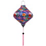 Lozenge shaped Vietnamese lantern with pink tassel and vibrant hibiscus flowers in on bright pink background. 