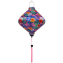 Lozenge shaped Vietnamese lantern with pink tassel and vibrant hibiscus flowers in on bright pink background. 