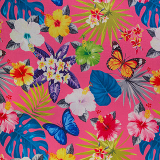 Tropical floral and butterfly pattern on a pink background