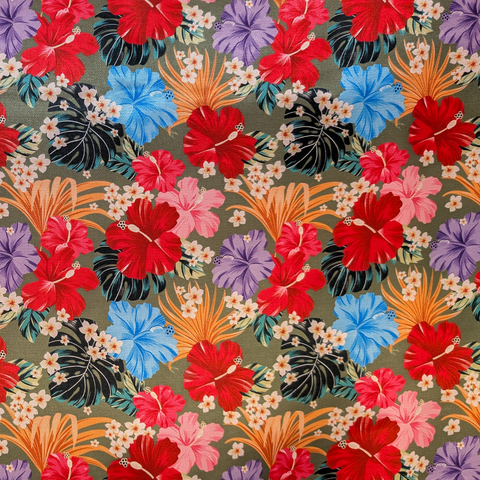 Colourful tropical flower pattern on an olive green background