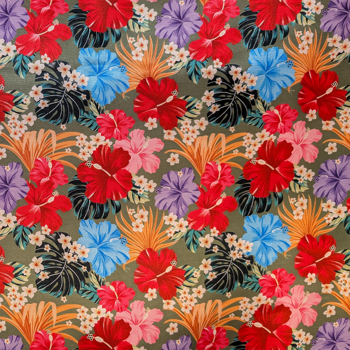 Colourful tropical flower pattern on an olive green background