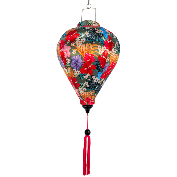 Hibiscus flowers lantern with colourful floral pattern on an olive green background.