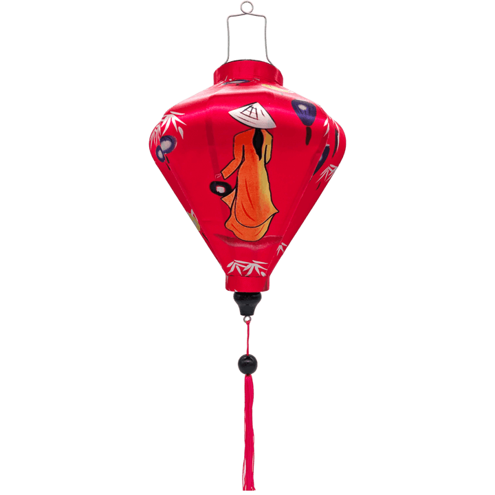 Diamond shaped lantern featuring traditional nón lá hat-wearing Vietnamese woman holding lanterns on bright pink background. 