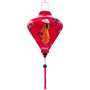 Diamond shaped lantern featuring traditional nón lá hat-wearing Vietnamese woman holding lanterns on bright pink background. 