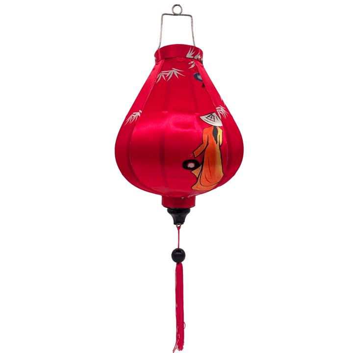 Garlic shaped lantern featuring traditional nón lá hat-wearing Vietnamese woman holding lanterns on bright pink background. 