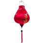 Garlic shaped lantern featuring traditional nón lá hat-wearing Vietnamese woman holding lanterns on bright pink background. 