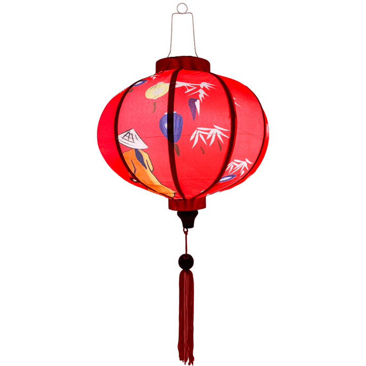 Round shaped glowing lantern featuring traditional nón lá hat-wearing Vietnamese woman holding lanterns.