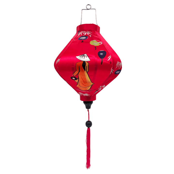 Lozenge shaped lantern featuring traditional nón lá hat-wearing Vietnamese woman holding lanterns on bright pink background. 