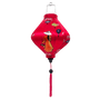 Lozenge shaped lantern featuring traditional nón lá hat-wearing Vietnamese woman holding lanterns on bright pink background. 