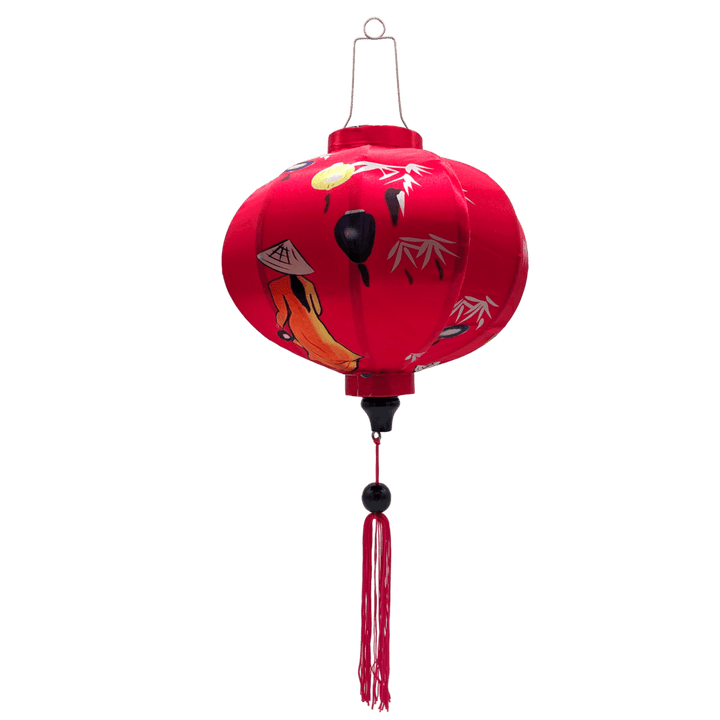 Round shaped lantern featuring traditional nón lá hat-wearing Vietnamese woman holding lanterns on bright pink background. 