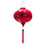 Round shaped lantern featuring traditional nón lá hat-wearing Vietnamese woman holding lanterns on bright pink background. 